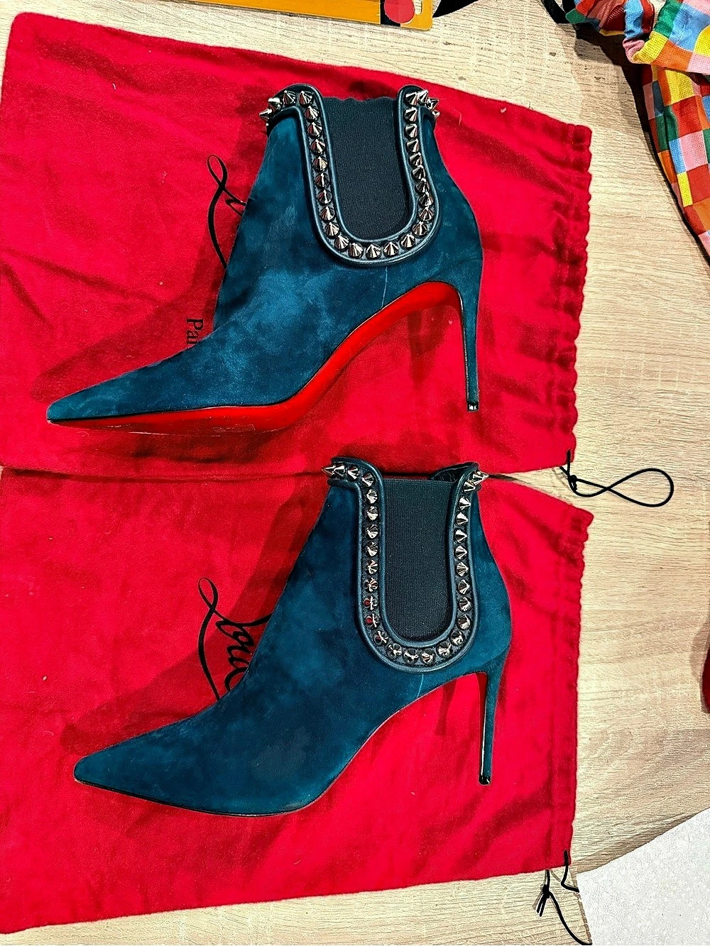 Christian Louboutin Capaboot 85 Spike Suede Ankle Boots Blue Heels US 40.5